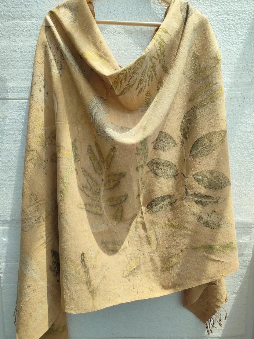 Leaf Mosaic Ahimsa Eri Silk Wrap Scarf | Large Silk Stole – Womens Scarf on Brown Living™. SKU: AS002. Img 6.