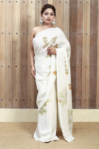 Leaf Mosaic Ecoprinted Pure Silk Saree for Women – Womens Saree on Brown Living™. SKU: SS1. Img 3.