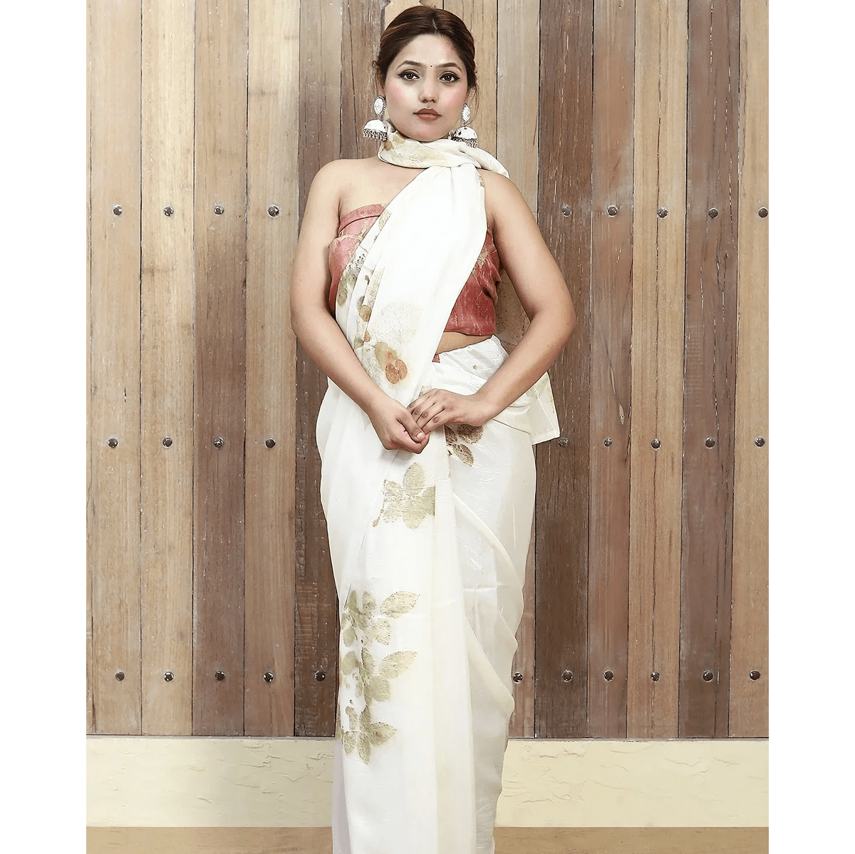 Leaf Mosaic Ecoprinted Pure Silk Saree for Women – Womens Saree on Brown Living™. SKU: SS1. Img 1.