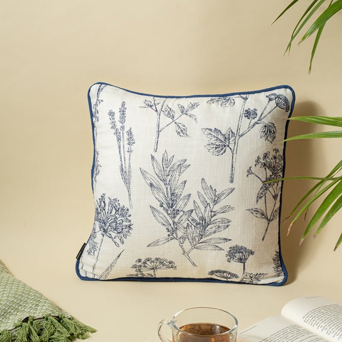 Leafy Blue Printed Cotton Cushion Cover - Navy Blue | Verified Sustainable by Brown Living™