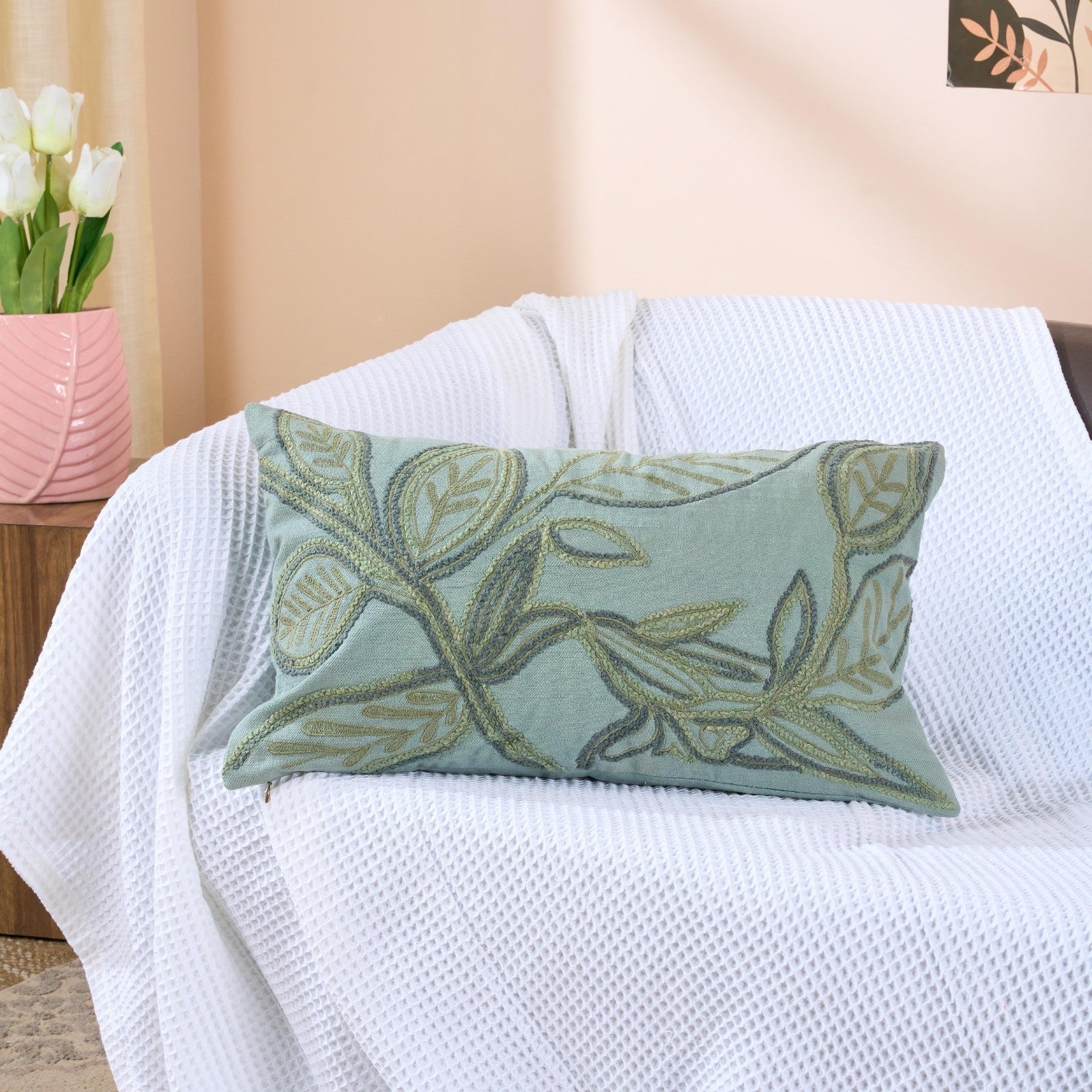 Leafy Garden Tulip Cushion | Botanical Floral Decorative Cushion – Pillow on Brown Living™. SKU: TEE-25721. Img 1.
