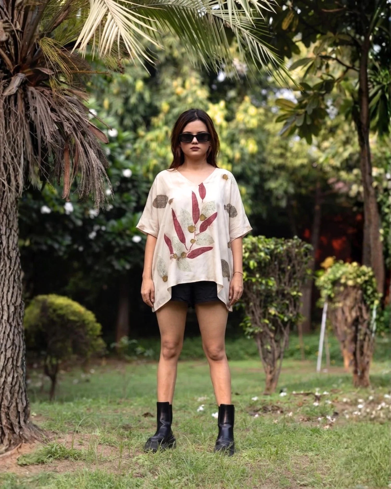 Leafy Kaftan Flared Top for Women Relaxed Fit – Womens Top on Brown Living™. SKU: Fst3. Img 1.