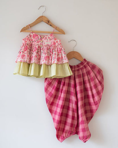 Leela Cotton Pink Floral Flared Top With Checkered Pants Coord Set – Kids Ethnic Sets by Love The World Today available on Brown Living™. 2 - 4 Y . SKU: C34G5RBC24. Img 5.