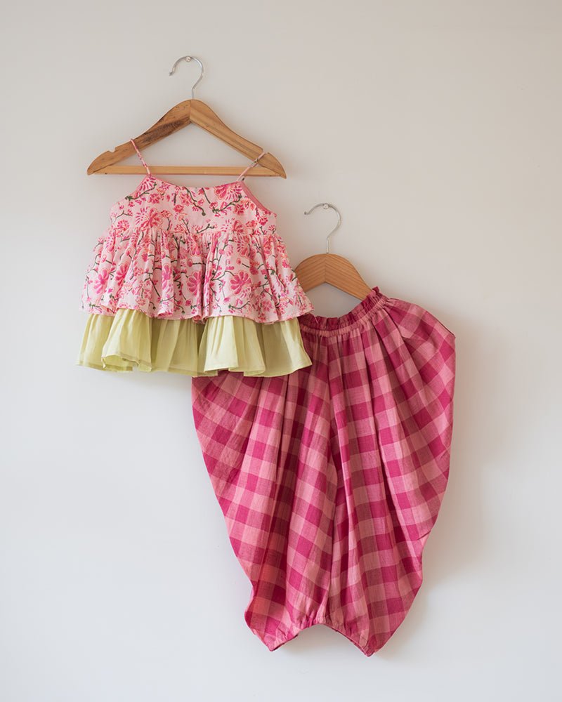 Leela Cotton Pink Floral Flared Top With Checkered Pants Coord Set – Kids Ethnic Sets by Love The World Today available on Brown Living™. 2 - 4 Y . SKU: C34G5RBC24. Img 2.