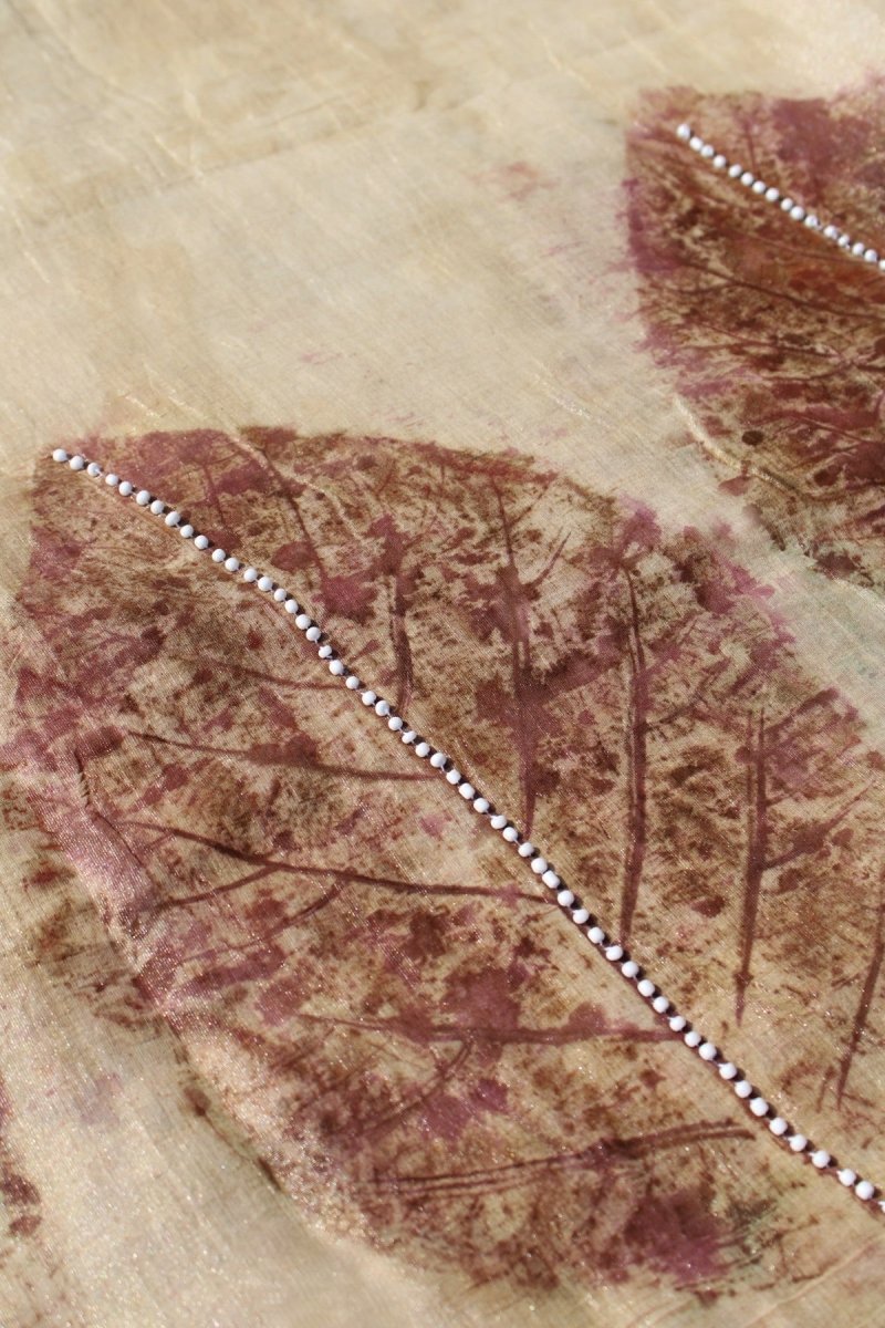 Leela - Handcrafted Chanderi Saree - Leaf Imprinted With Pearl Lembroidery | Verified Sustainable by Brown Living™