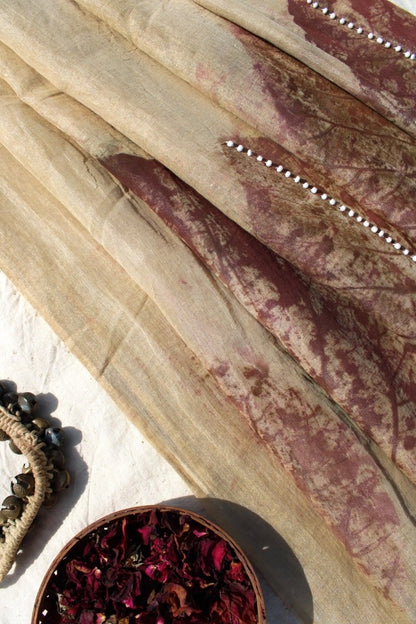 Leela - Handcrafted Chanderi Saree - Leaf Imprinted With Pearl Lembroidery | Verified Sustainable by Brown Living™