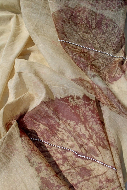 Leela - Handcrafted Chanderi Saree - Leaf Imprinted With Pearl Lembroidery | Verified Sustainable by Brown Living™