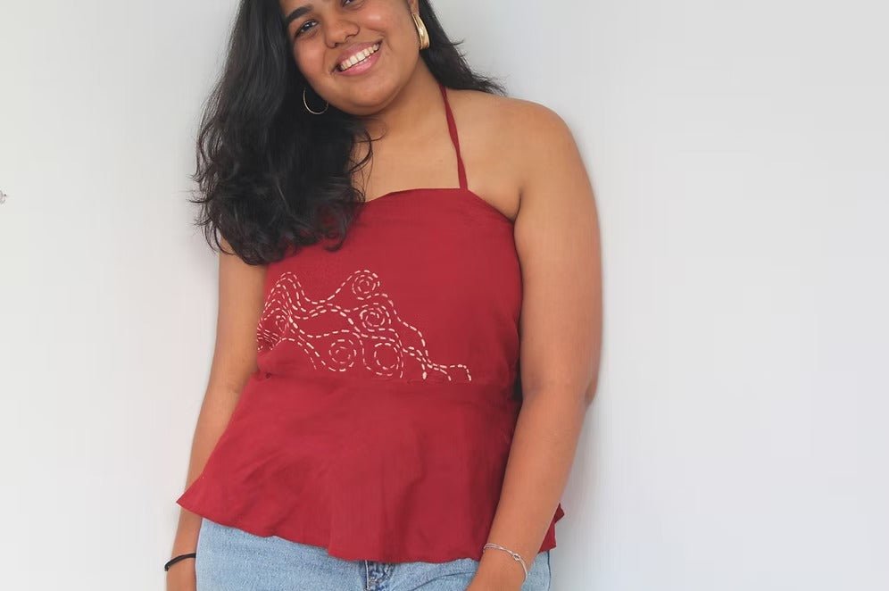 Leher Halter Top | Printed Halter Neck Ethnic Contemporary Wear – Womens Top on Brown Living™. SKU: H18. Img 1.