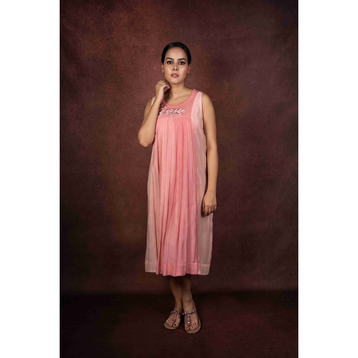 Leher Ombre Cotton Pastel Pink Dress With Floral Resham Work – Womens Dress on Brown Living™. SKU: HD1029XSN. Img 1.