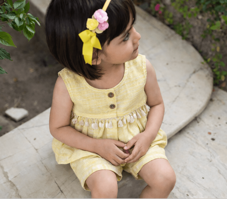 Lemon Pin Stripe Linen Peplum Top and Shorts For Girls | Regular Fit – Kids Daywear Sets on Brown Living™. SKU: PG171_1. Img 8.