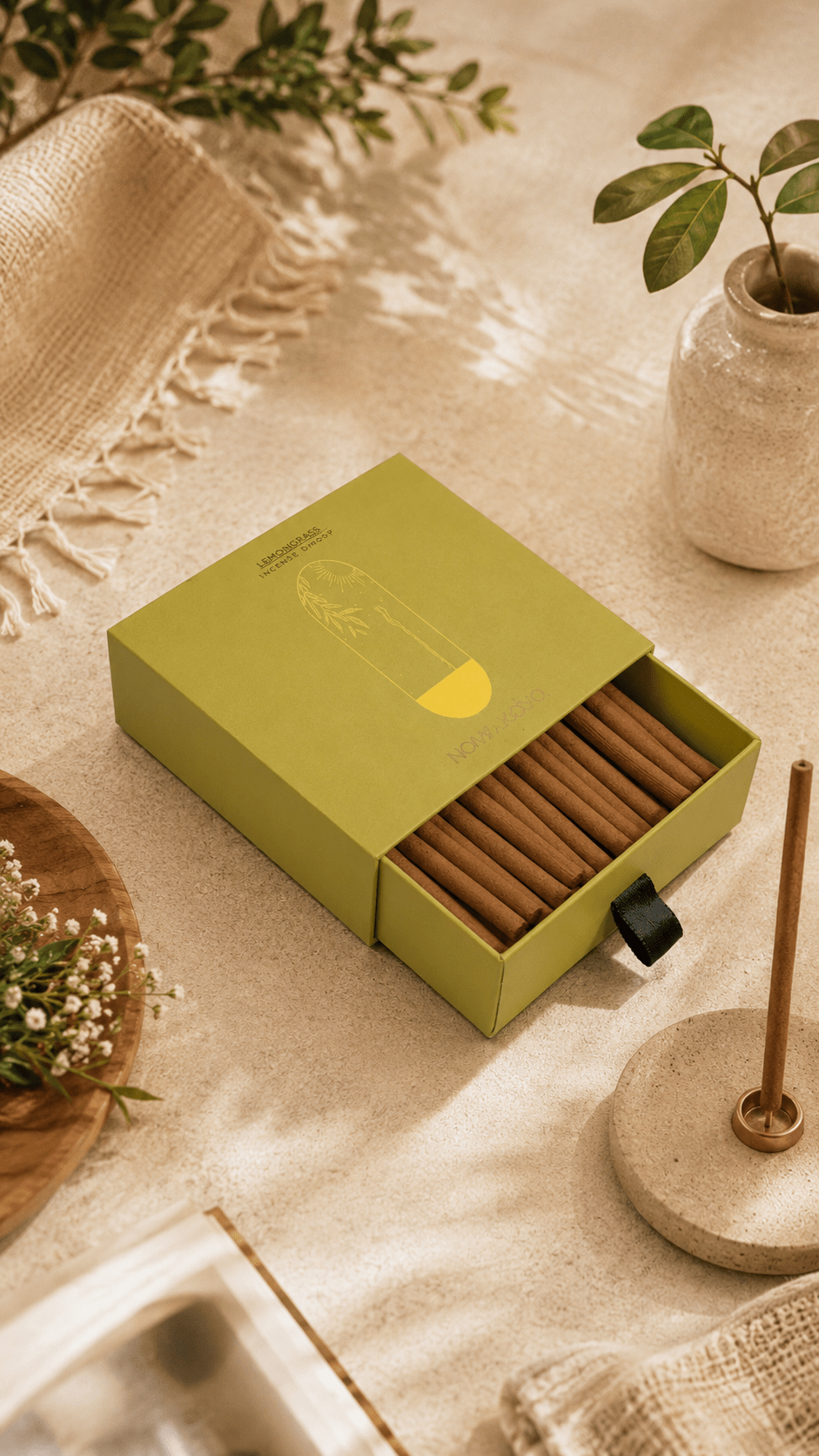 Lemongrass Dhoop Sticks | 50 Fragrant Sticks with Reusable Holder – Home Decor on Brown Living™. SKU: SLID003-1-1. Img 1.