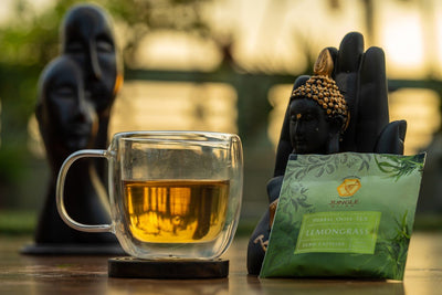 Lemongrass Olive Tea | Refreshing Herbal Olive Leaf Infusion – Pyramid Tea Bags on Brown Living™. SKU: JS_OLIVE_LEMONGRASS. Img 1.