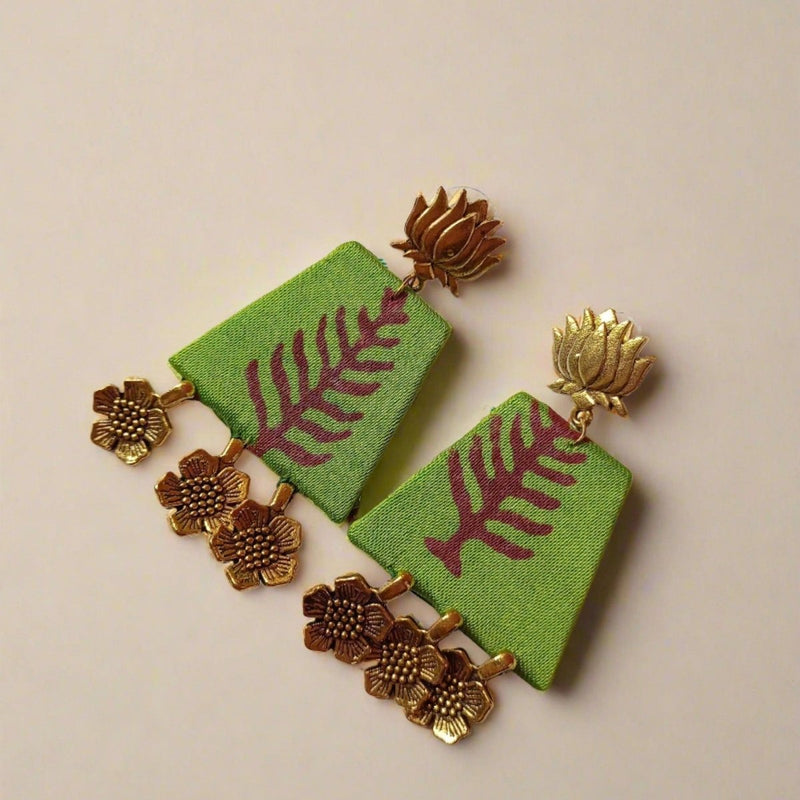 Light Green Leaf Pattern Golden Charm Earrings | Verified Sustainable by Brown Living™