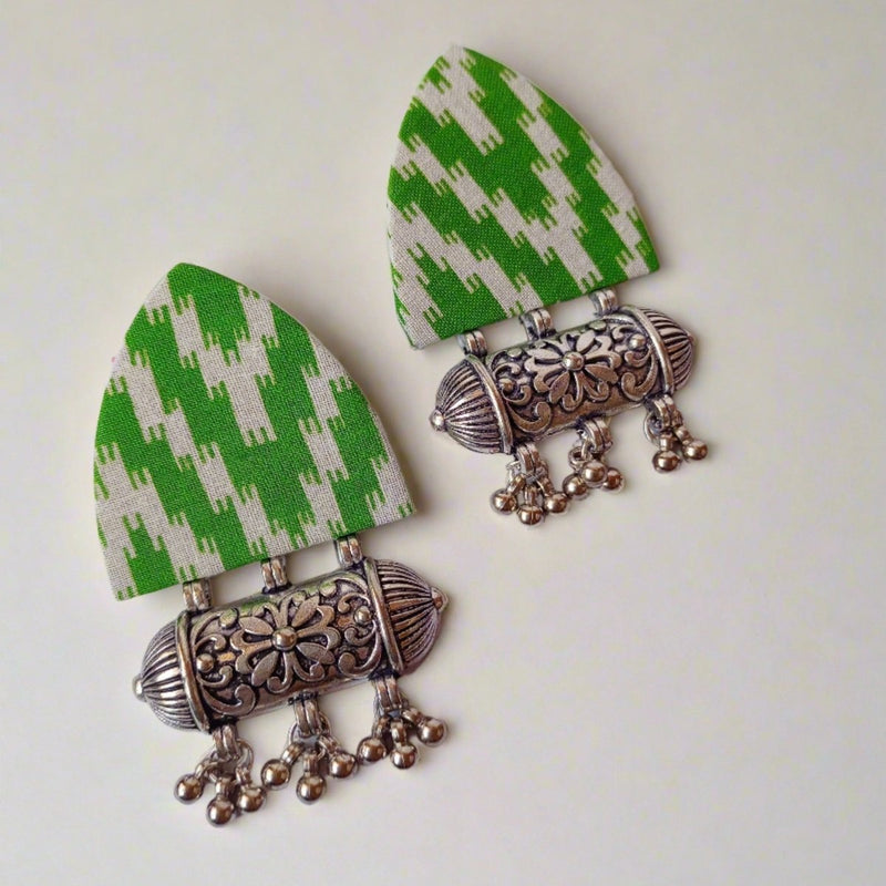 Light Green Printed Fabric Ghungroo Earrings | Verified Sustainable by Brown Living™