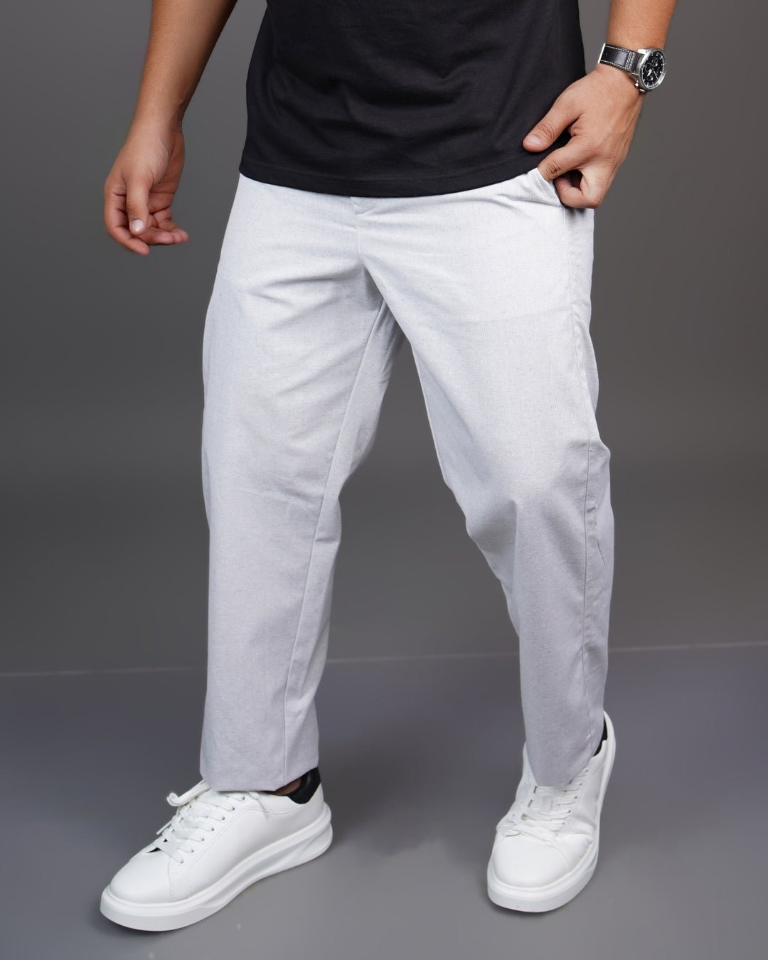 Light Grey Straight Fit Cotton Trousers | Semi-Formal Wear – Mens Trousers on Brown Living™. SKU: AT17H-TROUSER-30. Img 1.