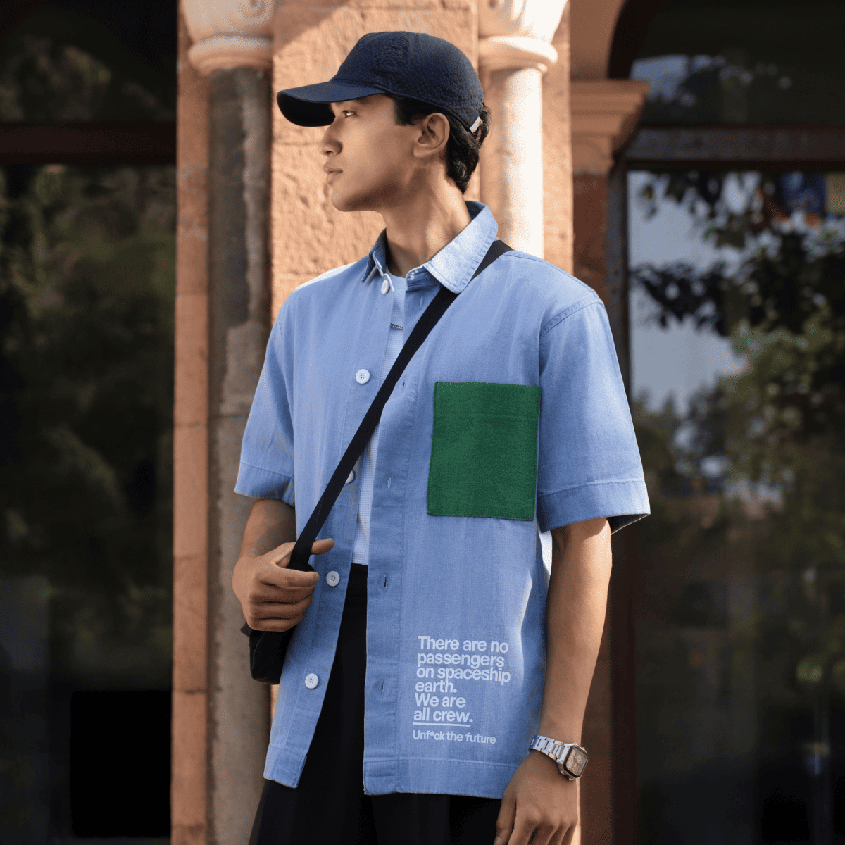 Light Indigo Half - Sleeved Cotton Shirt for Men – Men Shirt on Brown Living™. SKU: UNBHUSH1001002SN1. Img 5.