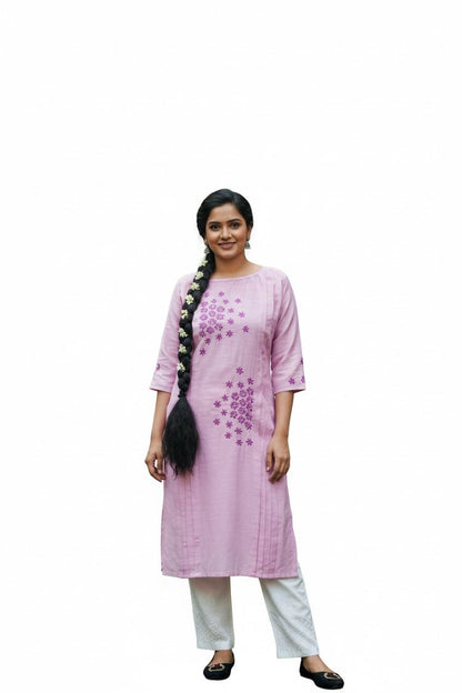 Lilac Bloom Linen Chikankari Kurta –Elegant Ethnic Wear for Women – Womens Kurta on Brown Living™. SKU: K14025. Img 1.