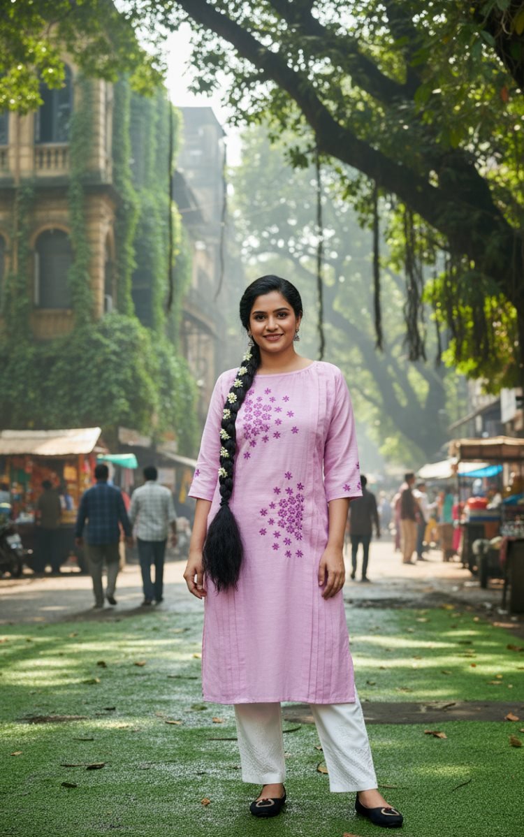 Lilac Bloom Linen Chikankari Kurta –Elegant Ethnic Wear for Women – Womens Kurta on Brown Living™. SKU: K14025. Img 6.