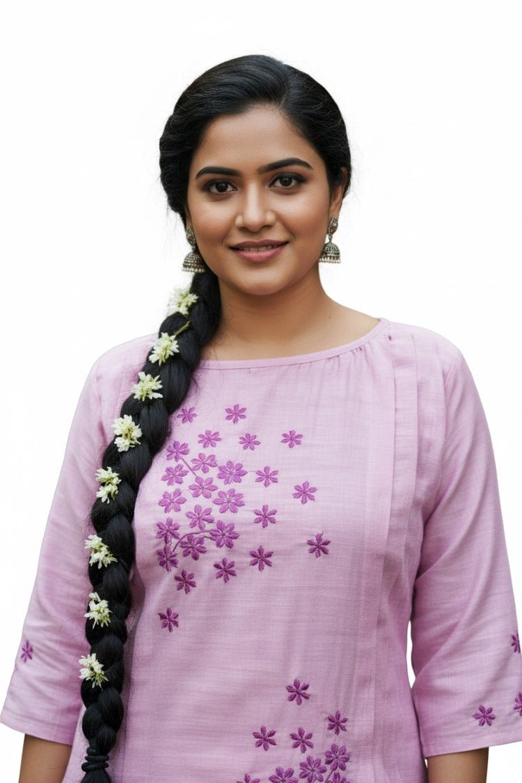 Lilac Bloom Linen Chikankari Kurta –Elegant Ethnic Wear for Women – Womens Kurta on Brown Living™. SKU: K14025. Img 5.