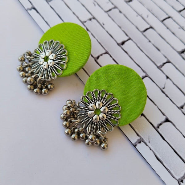 Lime Green Flower Silver Ghungroo Studs Earrings | Verified Sustainable Womens earrings on Brown Living™