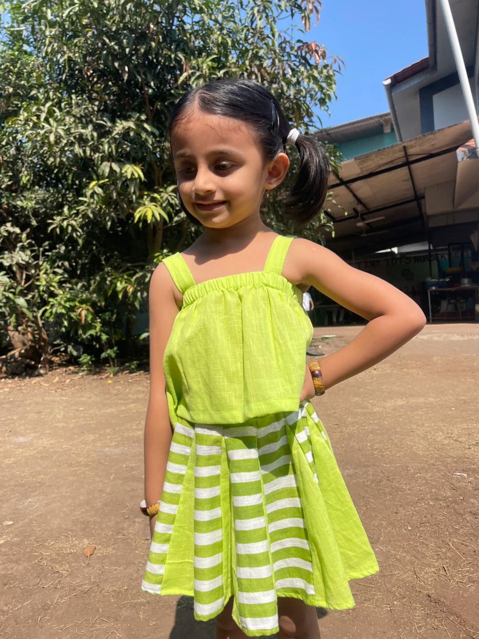 Lime Pop Handloom Skirt Set For Women | Breezy Two - Piece Outfit – Kids Daywear Sets on Brown Living™. SKU: ST-36-0-6M. Img 2.