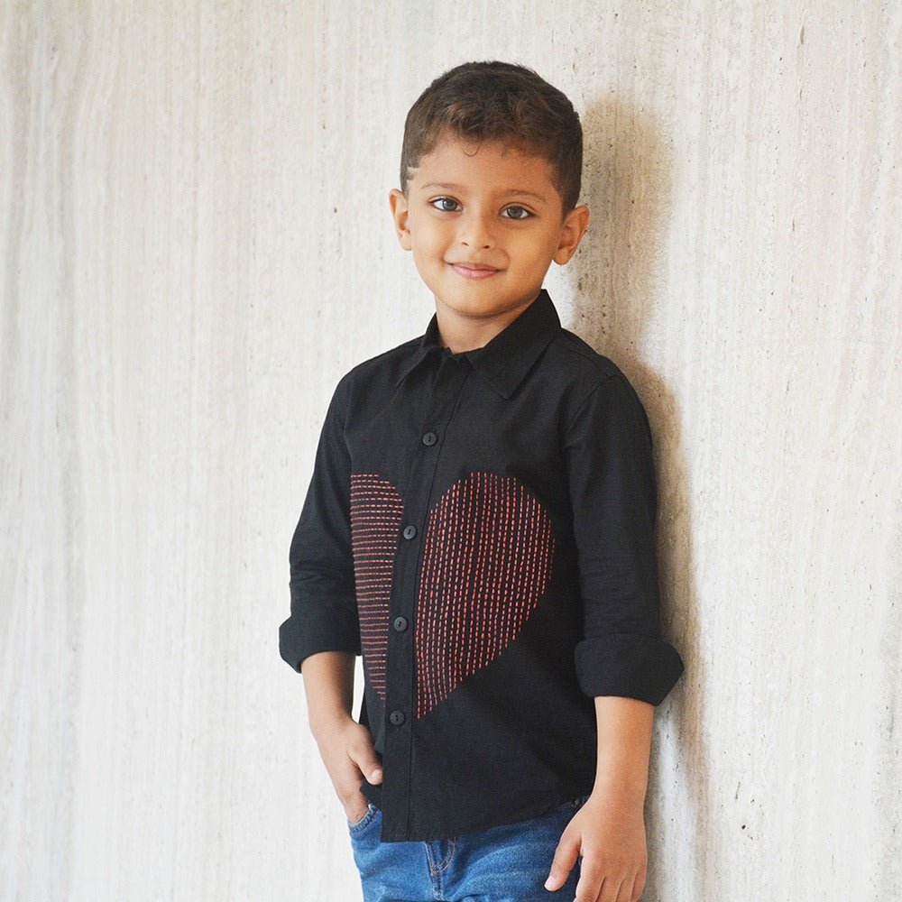 Lined Heart Cotton Embroidered Shirt – Kids Shirts on Brown Living™. SKU: NANFS005EMB025-2Y. Img 1.