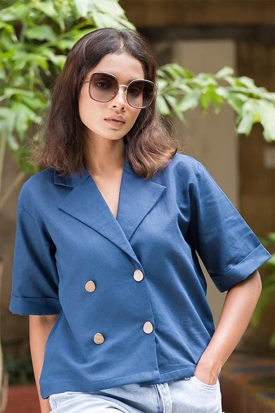 Linen Cotton Everblue Shirt for Women | Stylish Everyday Wear – Womens Top on Brown Living™. SKU: ANTESES. Img 3.