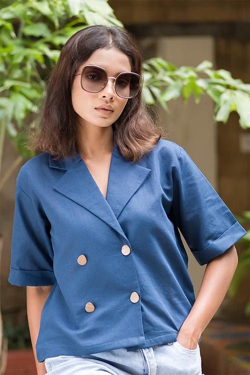 Linen Cotton Everblue Shirt for Women | Stylish Everyday Wear – Womens Top on Brown Living™. SKU: ANTESES. Img 3.