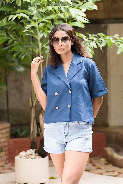 Linen Cotton Everblue Shirt for Women | Stylish Everyday Wear – Womens Top on Brown Living™. SKU: ANTESES. Img 1.