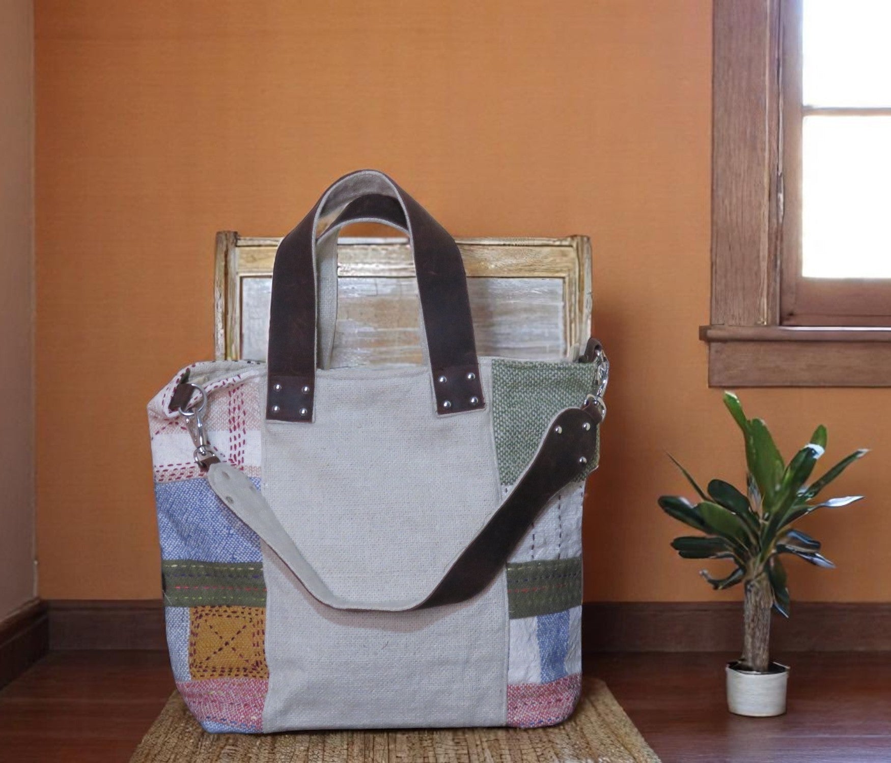 Linen Cotton Hobo Bag with Upcycled Details – Handbags on Brown Living™. SKU: KRBL03. Img 2.