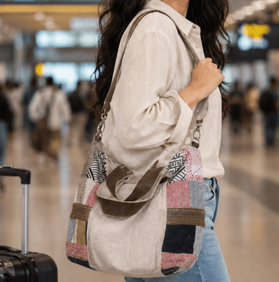 Linen Cotton Hobo Bag with Upcycled Details – Handbags on Brown Living™. SKU: KRBL03. Img 1.