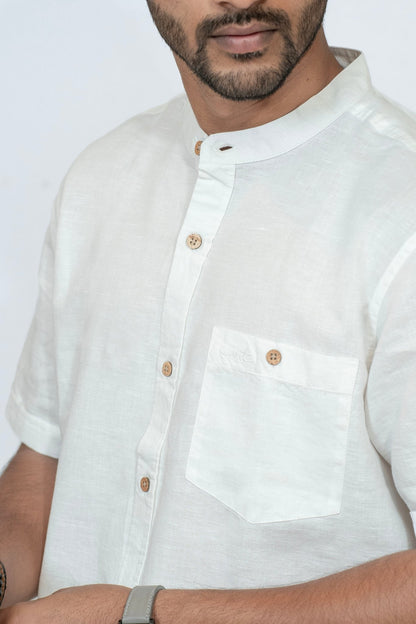 Linen Cotton Mandarin White | Elegant Minimal Wear for Men – Mens Shirt on Brown Living™. SKU: ANTWMLFS. Img 3.