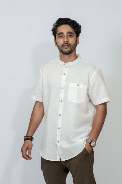 Linen Cotton Mandarin White | Elegant Minimal Wear for Men – Mens Shirt on Brown Living™. SKU: ANTWMLFS. Img 1.