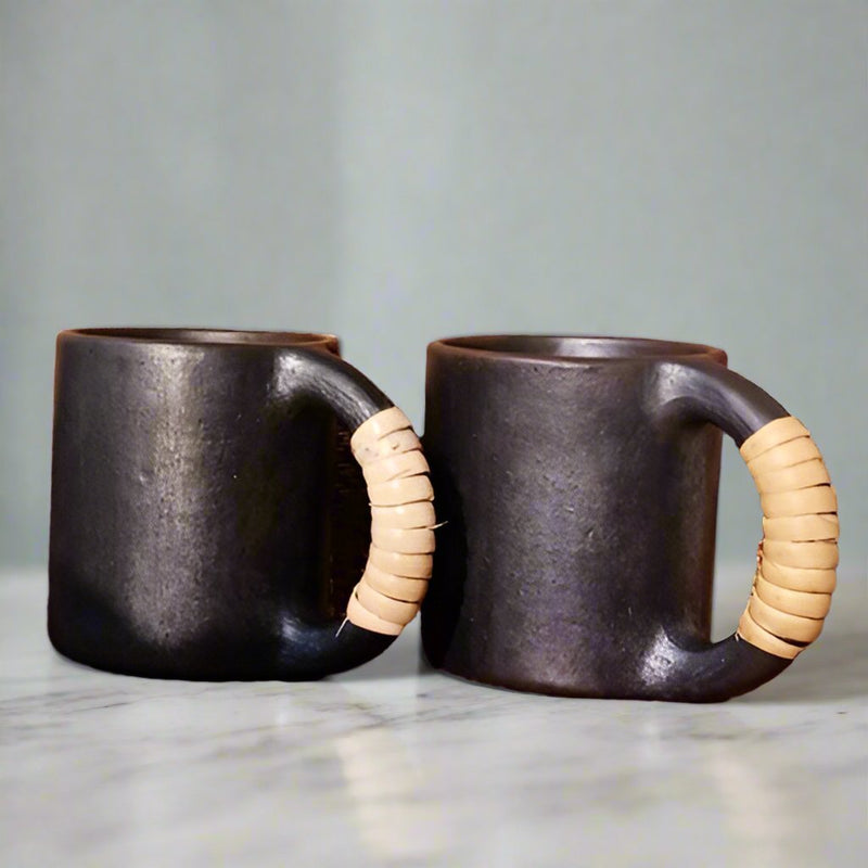 Longpi Black Pottery Coffee Mugs - Large - Round - Set of 2 | Verified Sustainable by Brown Living™