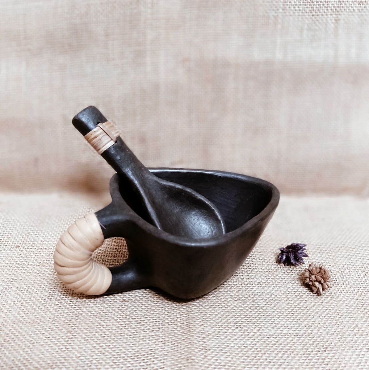 Longpi Black Pottery Soup Mug With Spoon – Dinner Set by Terracotta by Sachii available on Brown Living™. . SKU: SACHII0196. Img 2.