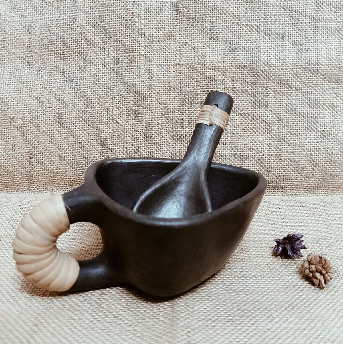 Longpi Black Pottery Soup Mug With Spoon – Dinner Set by Terracotta by Sachii available on Brown Living™. . SKU: SACHII0196. Img 1.