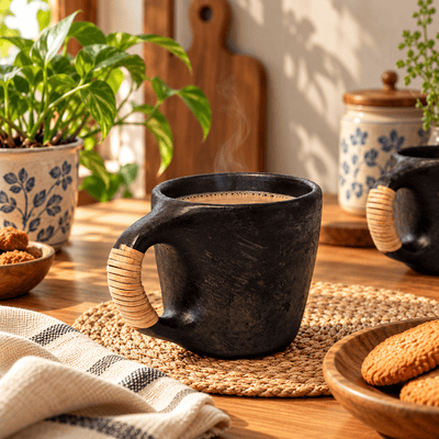Longpi Oval Chai Coffee Cup | Cane Handle Handmade Cup – Cups & Saucers on Brown Living™. SKU: OCT-16. Img 1.