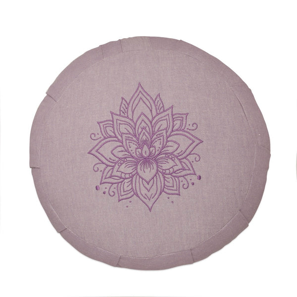 Lotus Embroidered Round Zafu Meditation and Yoga Cushion - Filled with Cotton - Lavender | Verified Sustainable by Brown Living™