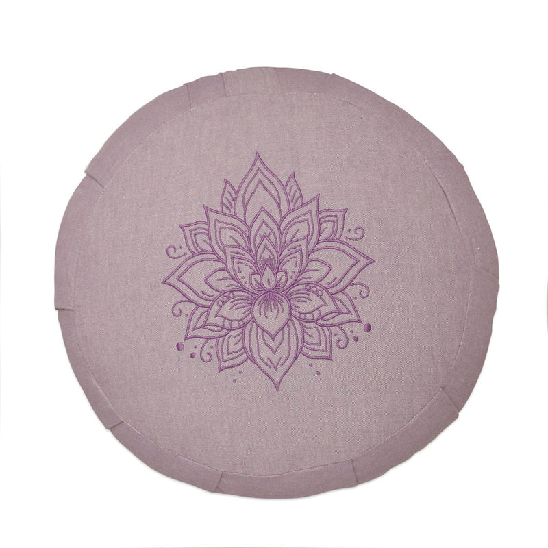 Lotus Embroidered Round Zafu Meditation and Yoga Cushion - Filled with Cotton - Lavender | Verified Sustainable Yoga Pillow on Brown Living™