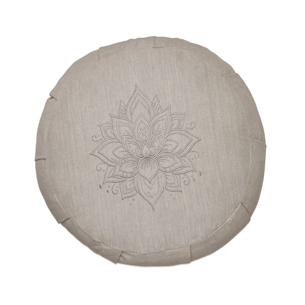 Lotus Embroidered Round Zafu Meditation and Yoga Cushion - Filled with Cotton - Light Grey | Verified Sustainable by Brown Living™