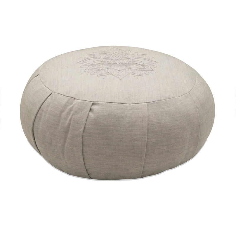 Lotus Embroidered Round Zafu Meditation and Yoga Cushion - Filled with Cotton - Light Grey | Verified Sustainable Yoga Pillow on Brown Living™