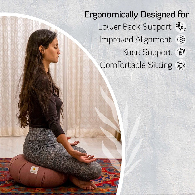 Lotus Embroidered Round Zafu Meditation and Yoga Cushion - Filled with Cotton - Light Grey | Verified Sustainable Yoga Pillow on Brown Living™