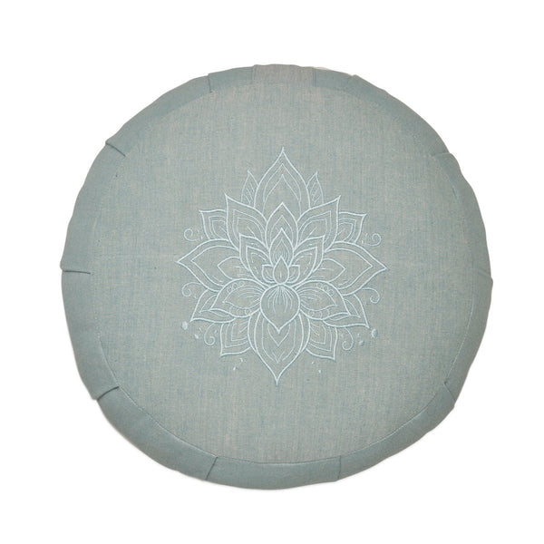 Lotus Embroidered Round Zafu Meditation and Yoga Cushion - Filled with Cotton - Misty Blue | Verified Sustainable by Brown Living™