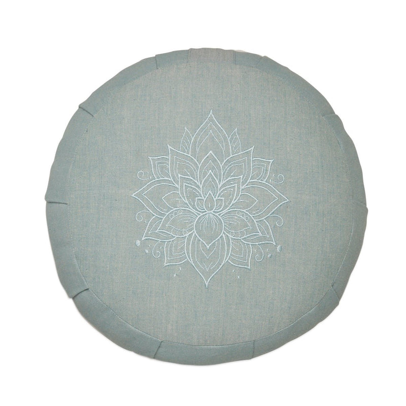 Lotus Embroidered Round Zafu Meditation and Yoga Cushion - Filled with Cotton - Misty Blue | Verified Sustainable Yoga Pillow on Brown Living™