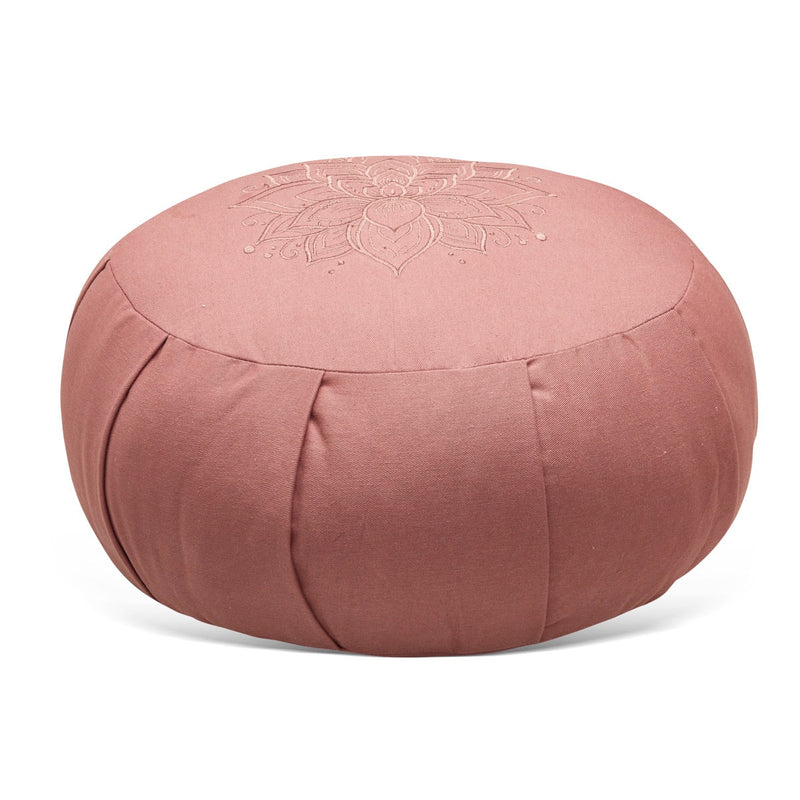 Lotus Embroidered Round Zafu Meditation and Yoga Cushion - Filled with Cotton - Rose | Verified Sustainable Yoga Pillow on Brown Living™