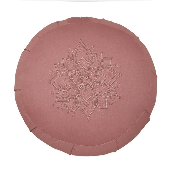 Lotus Embroidered Round Zafu Meditation and Yoga Cushion - Filled with Cotton - Rose | Verified Sustainable by Brown Living™