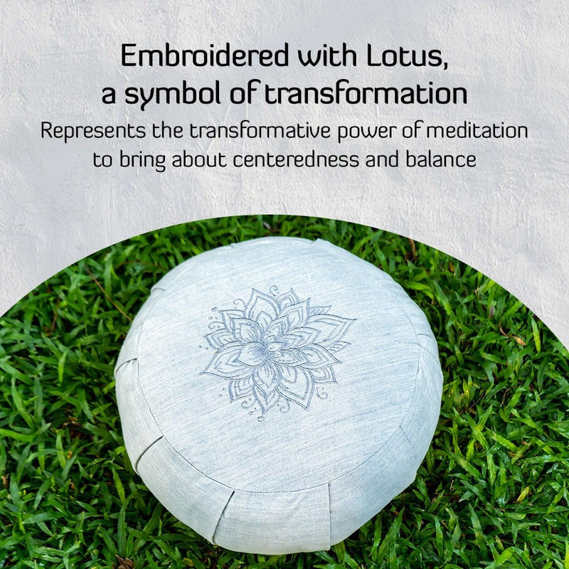 Lotus Embroidered Round Zafu Meditation and Yoga Cushion - Filled with Cotton - Sage | Verified Sustainable by Brown Living™