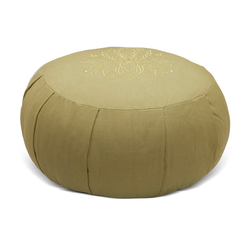 Lotus Embroidered Round Zafu Meditation and Yoga Cushion - Filled with Cotton - Sage | Verified Sustainable by Brown Living™