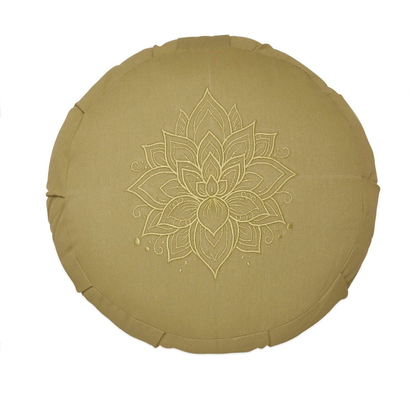 Lotus Embroidered Round Zafu Meditation and Yoga Cushion - Filled with Cotton - Sage | Verified Sustainable by Brown Living™