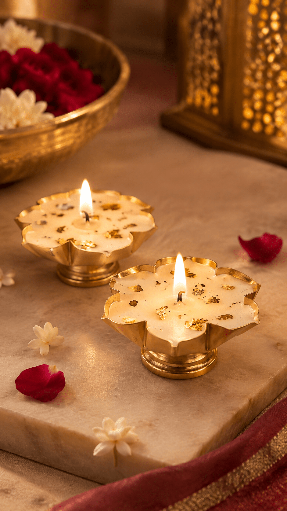 Lotus Urli Candle Set of 2 with Stand | Festive Home Decor – Candles & Fragrances on Brown Living™. SKU: LUSH_0064. Img 1.
